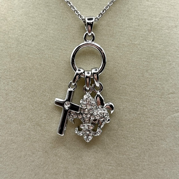 Silver Charm Necklace with Cross and Fleur-de-lis with Rhinestones Necklace - Picture 2 of 14